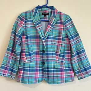 Talbots Plaid Linen Cotton Blazer Sz 8P Jacket Turquoise Pink Ruffle Colorful
